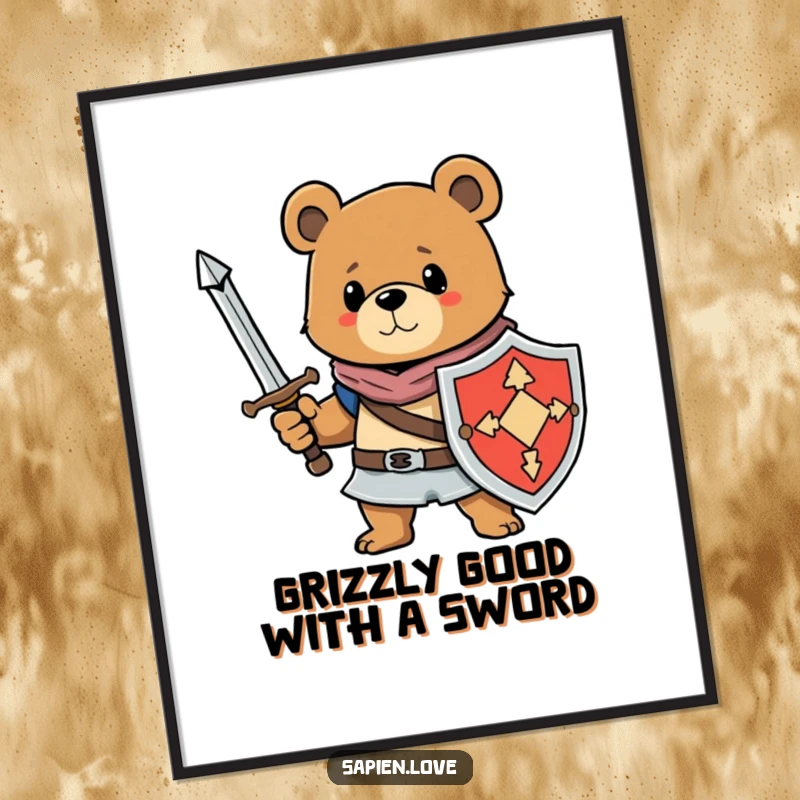 Funny Free Printable Wall Art: A determined bear character wields a sword and shield like a valiant knight.