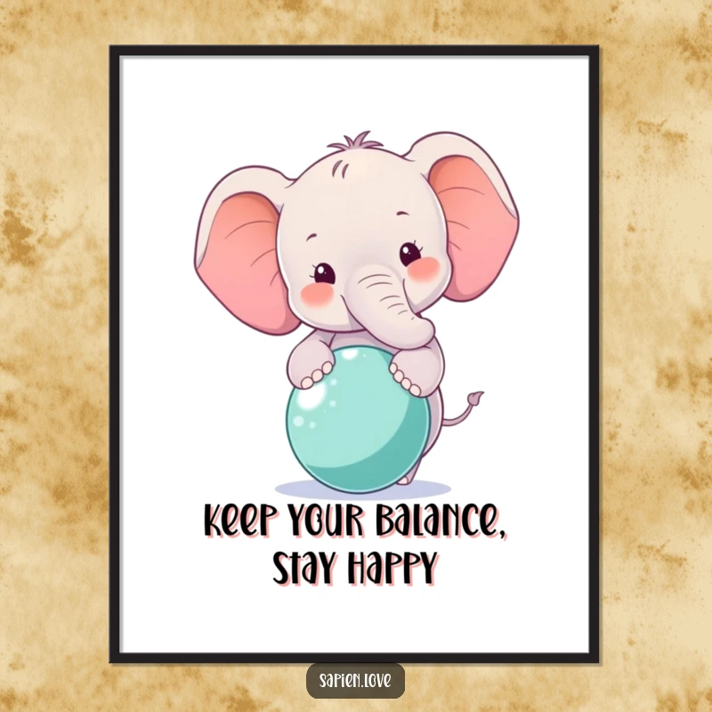 Free printable wall art of a smiling elephant character gracefully balancing a colorful ball on its trunk, radiating joy.