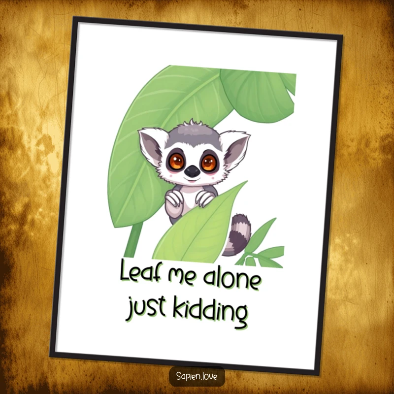 Funny Free Printable Wall Art: Shy kawaii lemur peeking from behind a large jungle leaf, perfect for a charming, DIY accent.