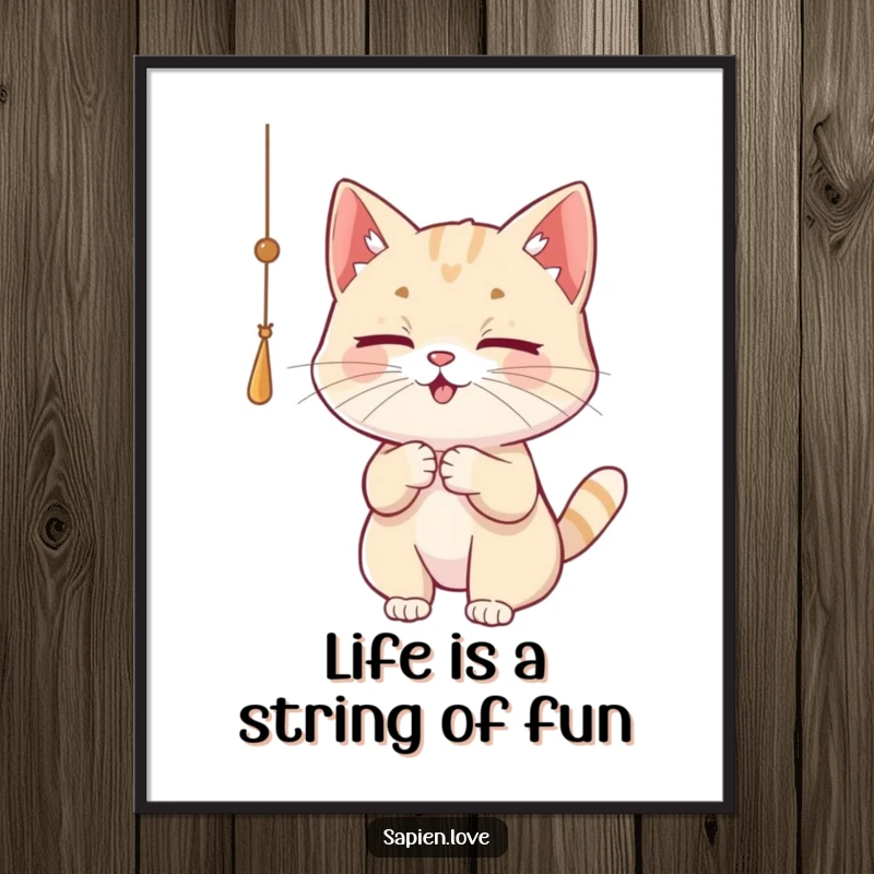 Free printable wall art of a cute cat character playfully batting at a dangling string, capturing a moment of feline focus.