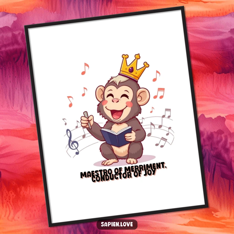 Funny Free Printable Wall Art: A cheerful primate wearing a tiny crown, joyfully conducting musical notes.