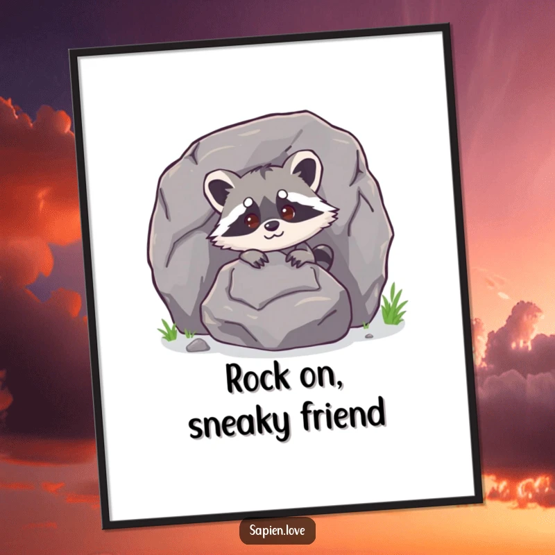 Funny Free Printable Wall Art: A charming raccoon peeks playfully from behind a large rock, adding whimsy.