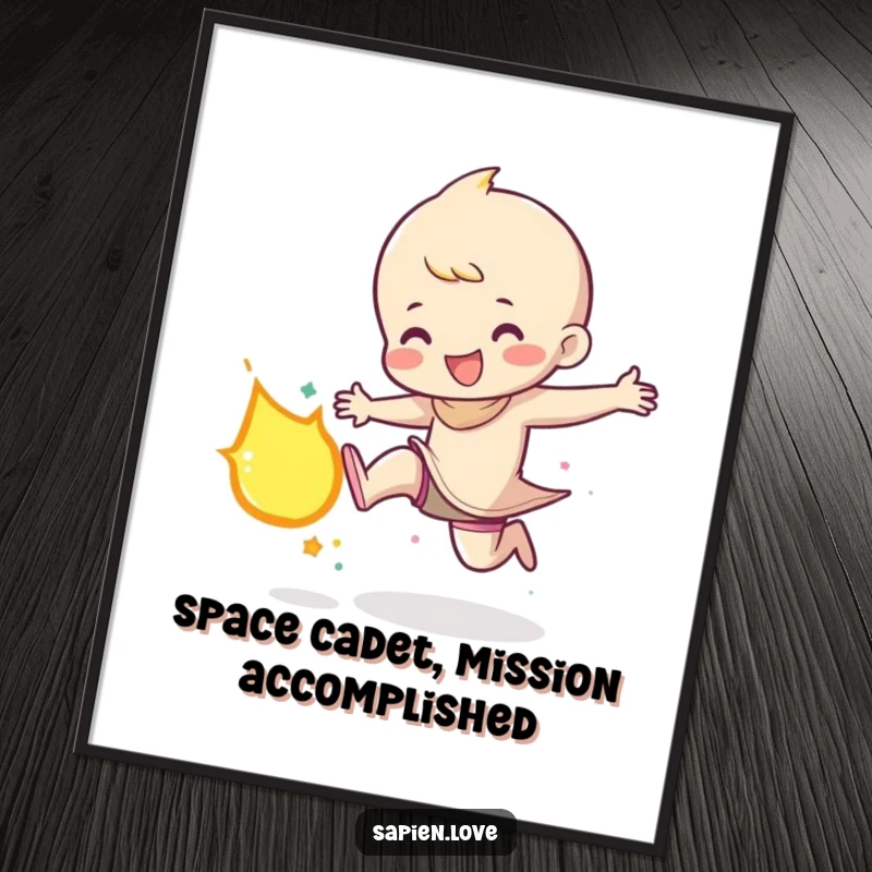 Energetic free printable wall art featuring a character gleefully kicking a small, brightly glowing meteor, adding a dynamic and humorous touch.