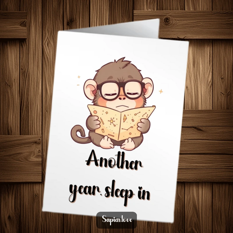 Funny free printable birthday card showing a sleepy monkey in glasses reading a tiny scroll of stars, dreaming of the cosmos.