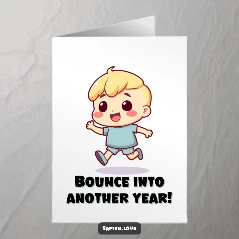 Funny Free Printable Birthday Card: Character depicted with an energetic bounce, full of birthday excitement.