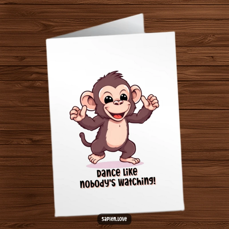 Funny Free Printable Birthday Card: Playful kawaii ape doing a silly dance with exaggerated moves, ideal for a lively DIY celebration.