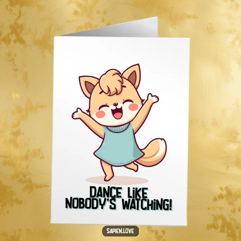 Funny Free Printable birthday card of a stylized person with animal features doing a joyful happy dance.