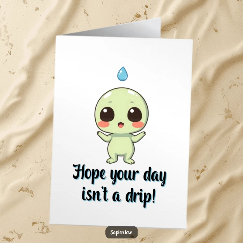 Funny Free Printable Birthday Card: An excited alien looks up in surprise at a single, smiling falling raindrop.