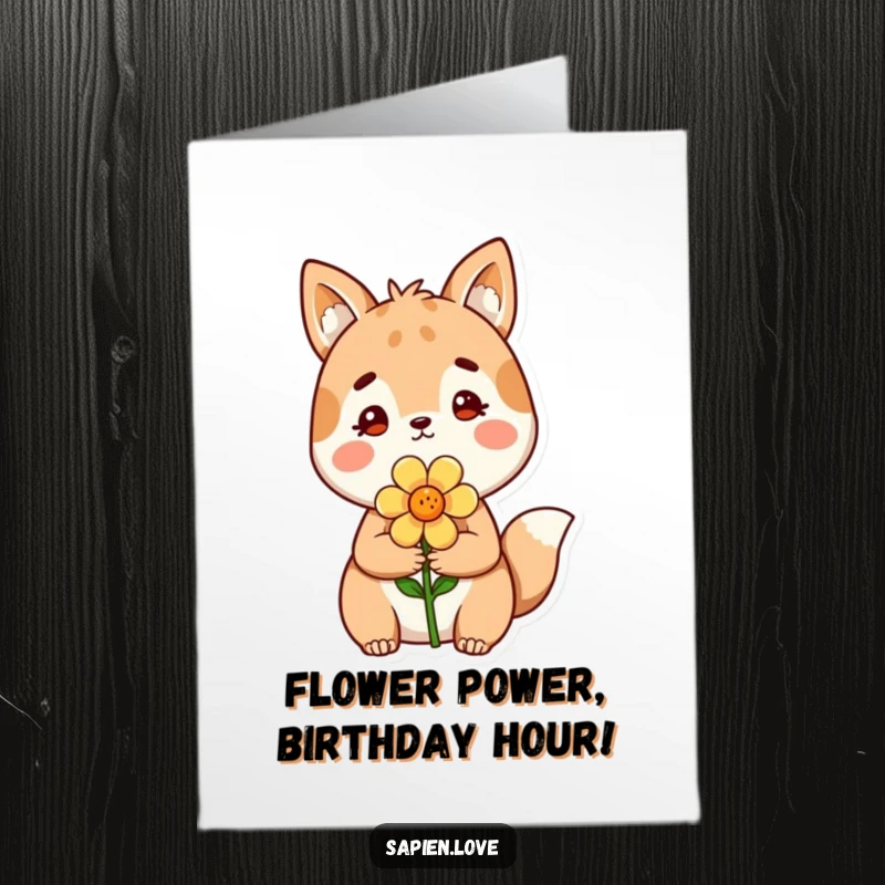 Funny Free Printable Birthday Card: Cute animal character shyly offers a single flower, radiating warmth and sweetness.