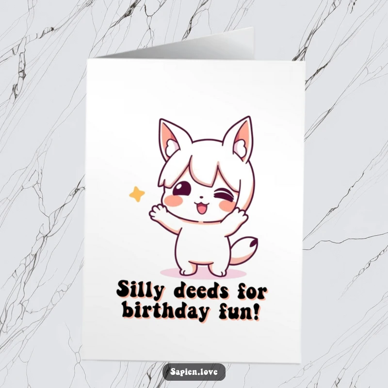 Funny Free Printable Birthday Card: Playful character with animal ears performing a comically silly action.