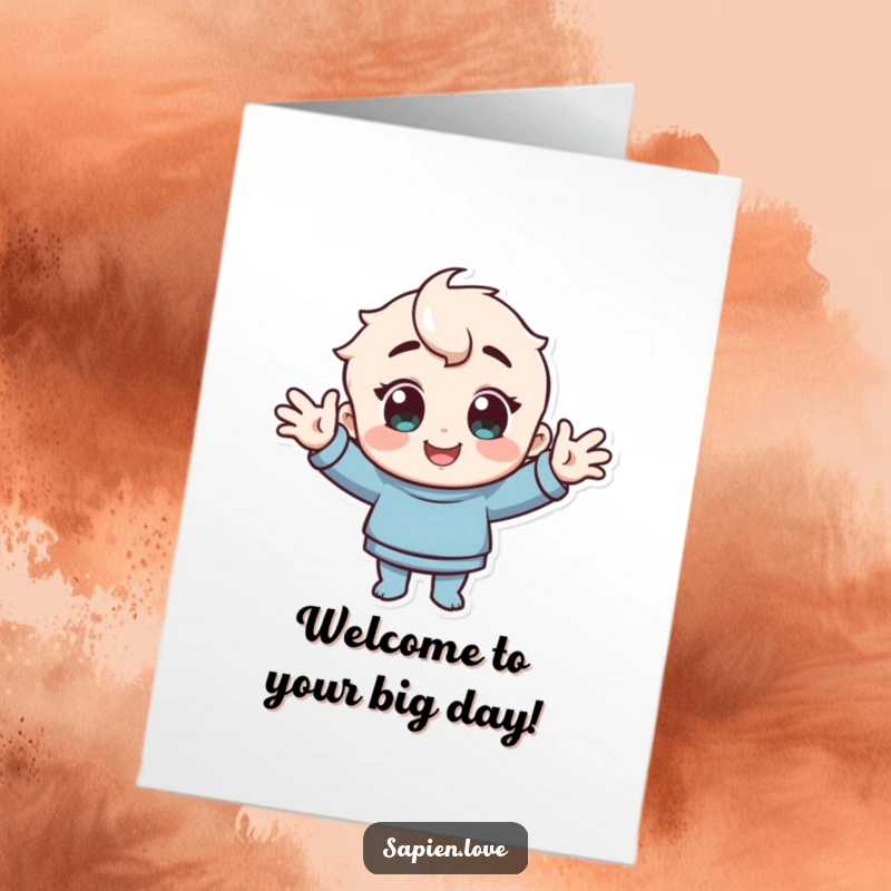 Funny free printable birthday card: a joyful character with happy eyes, widely opening arms for a warm, enthusiastic greeting.
