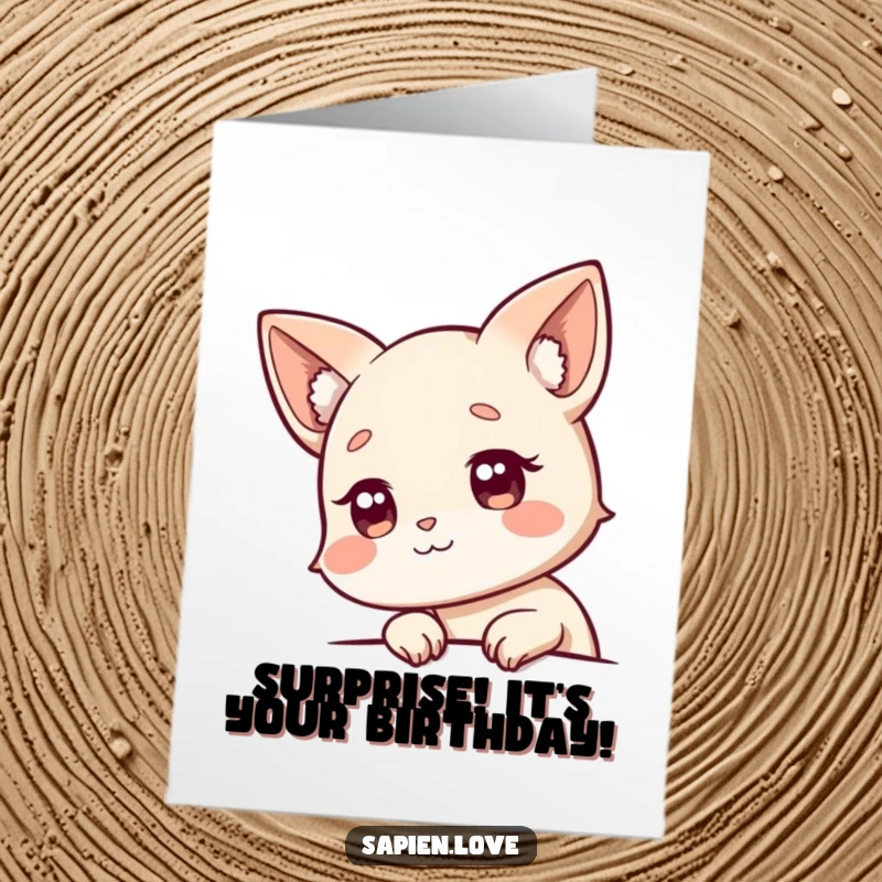 Funny Free Printable Birthday Card: A cute character with animal ears curiously peeks from behind a corner with wide eyes.
