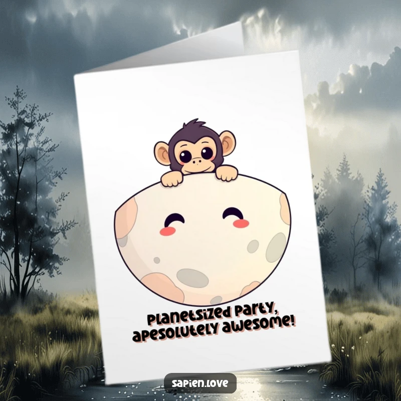 Funny Free Printable Birthday Card: Curious monkey peeking playfully over a giant, grinning Earth, celebrating a special occasion.