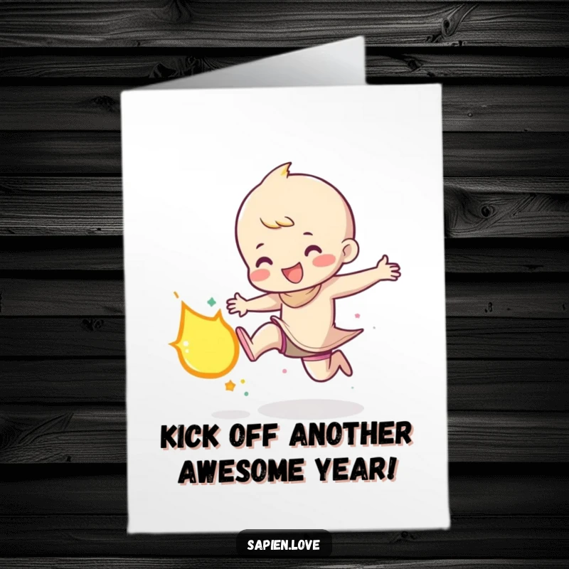 Funny free printable birthday card of a character gleefully kicking a small, brightly glowing meteor with great enthusiasm and power.