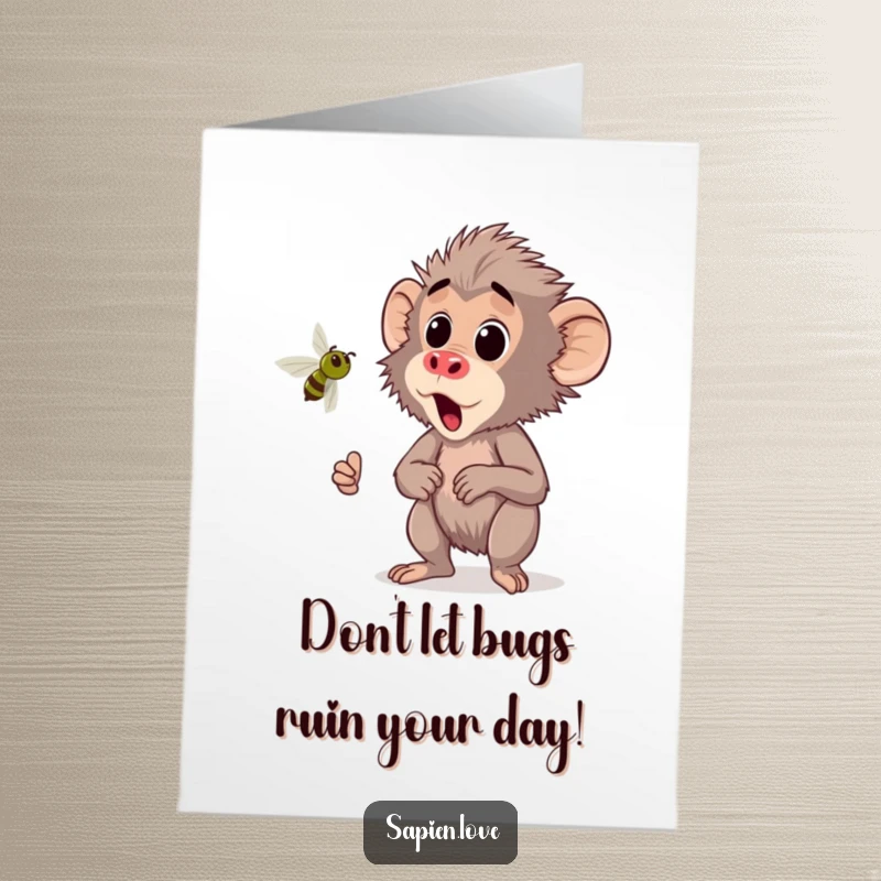 Funny Free Printable Birthday Card: Kawaii baboon startled by a buzzing insect, eyes wide with alarm and surprise.