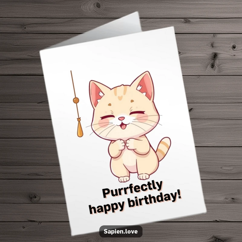 Funny free printable birthday card featuring a playful cat character intently batting at a dangling string with curious eyes.