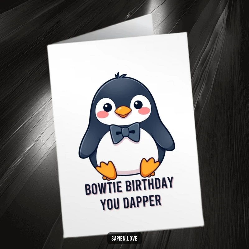 Funny Free Printable Birthday Card: Penguin in a tiny bowtie looking sharp and ready to party. A dapper chap for your special occasion.