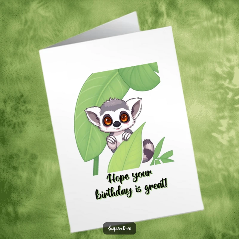 Funny Free Printable Birthday Card: Shy kawaii lemur peeking from behind a jungle leaf, perfect for a sweet DIY wish.