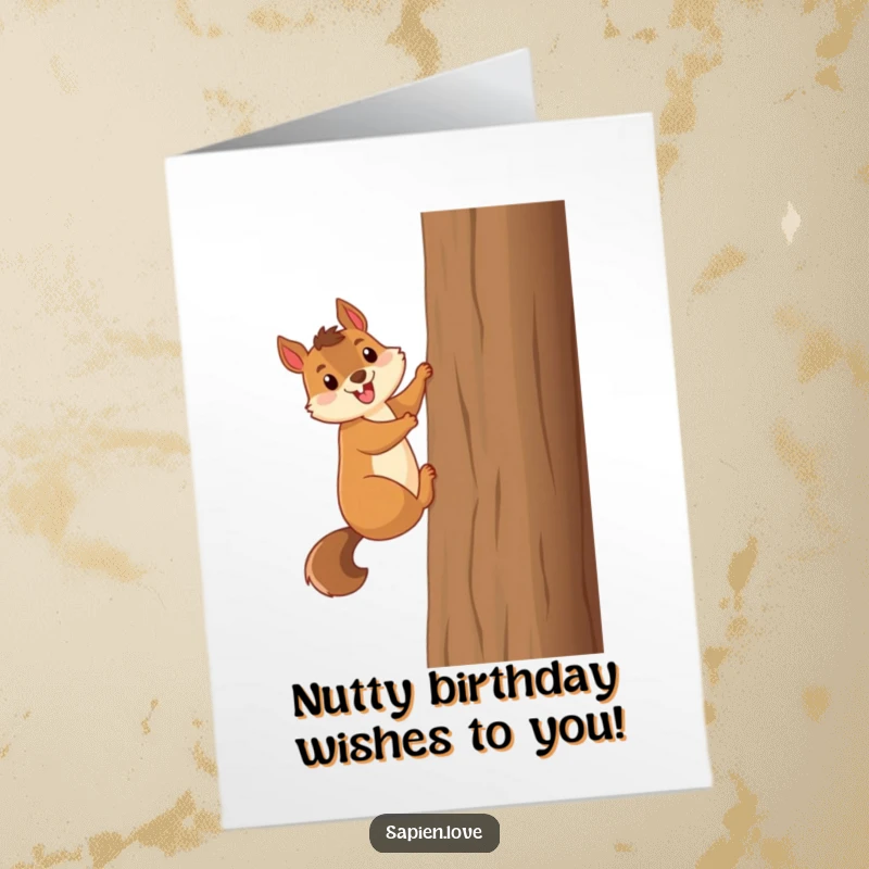 Funny Free Printable Birthday Card: A smiling squirrel character energetically climbing a tall tree, celebrating a birthday with glee.