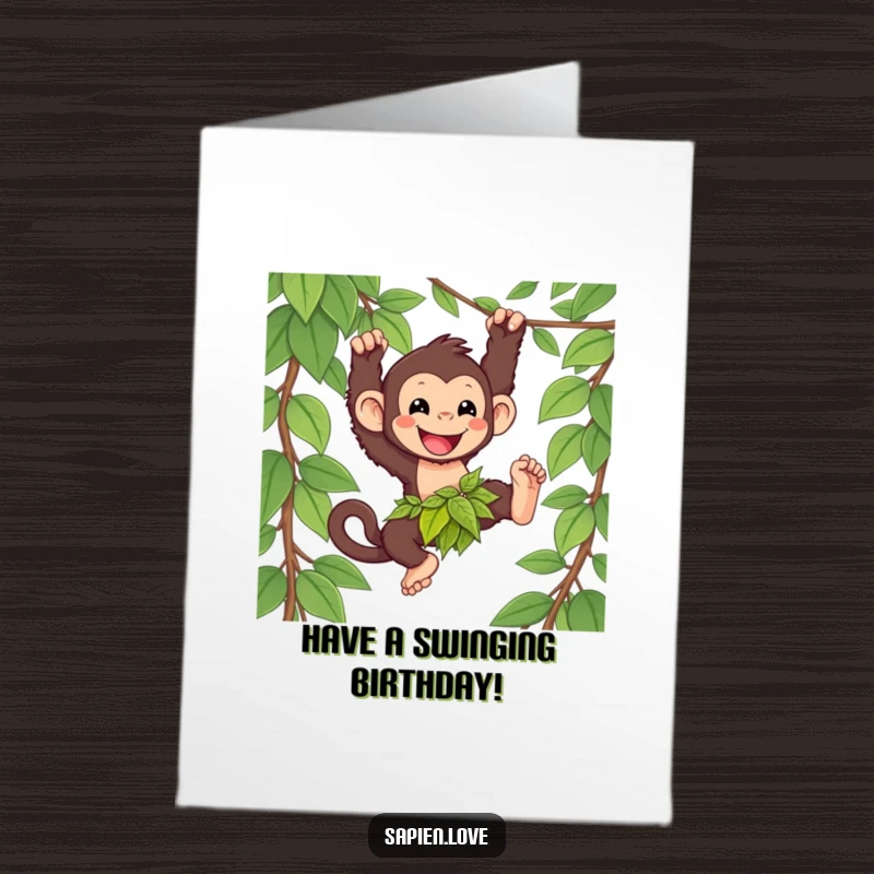 Funny Free Printable Birthday Card: Happy kawaii primate in loincloth swinging from a vine, perfect for adventurous DIY wishes.