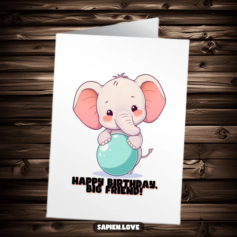 Funny free printable birthday card featuring a smiling elephant character skillfully balancing a colorful ball on its trunk.