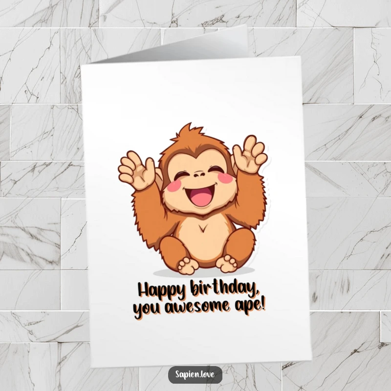 Funny Free Printable Birthday Card: A very happy kawaii orangutan clapping its hands enthusiastically with pure delight.