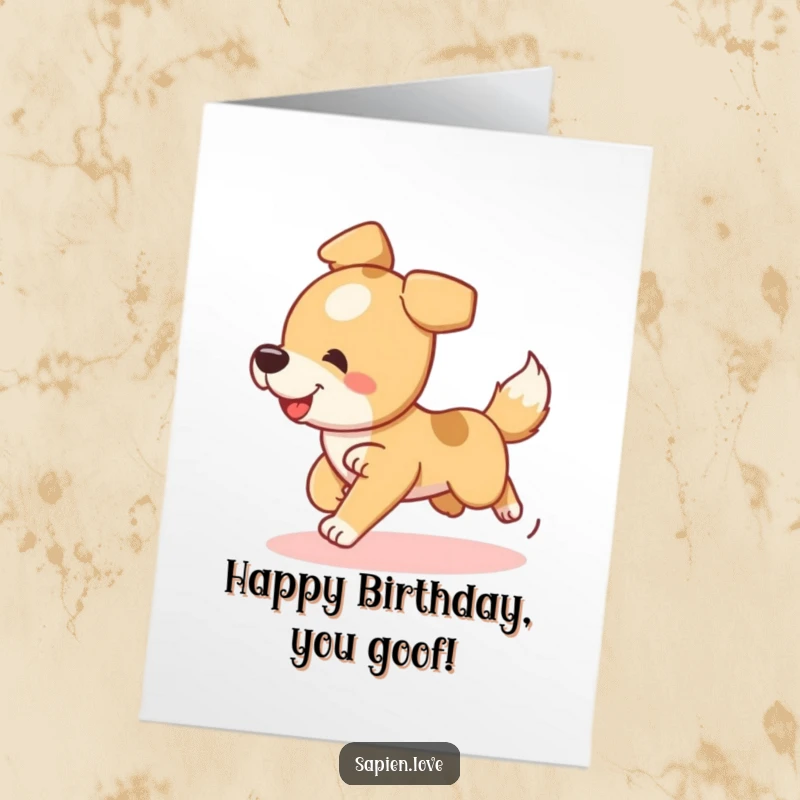 Funny free printable birthday card featuring a happy dog character dizzyingly chasing its tail in circles, full of energy.
