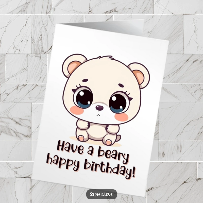 Funny Free Printable Birthday Card: A cute bear with big curious eyes exploring a whimsical, colorful landscape, ready for birthday fun.