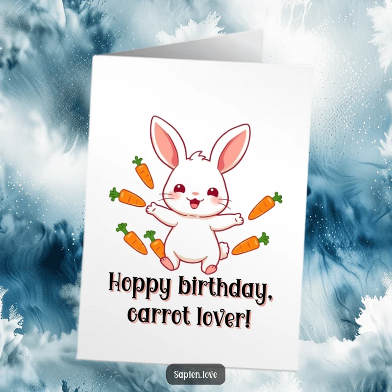 Funny Free Printable Birthday Card: A cheerful rabbit character energetically juggles several colorful carrots.