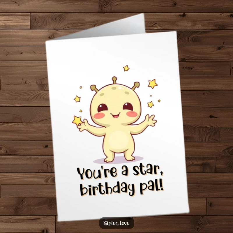 Funny Free Printable Birthday Card: A playful alien with a grin juggles tiny stars against a cosmic background.