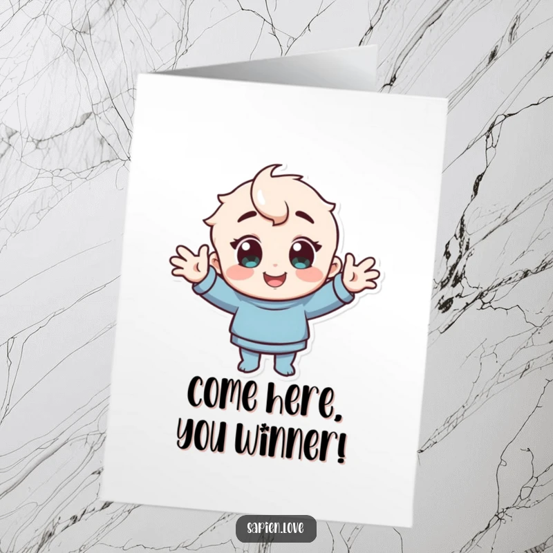 Funny free printable congratulations card: a character with a warm smile and cheerful eyes, extending open arms in a welcoming gesture.