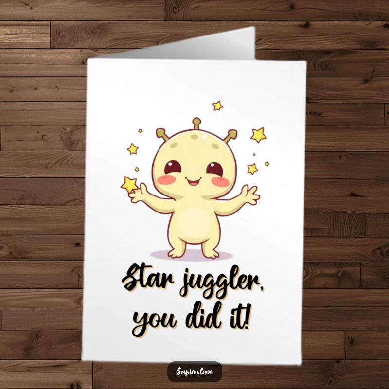 Funny Free Printable Congratulations Card: A cheerful alien juggles sparkling stars, celebrating accomplishments with a big grin.