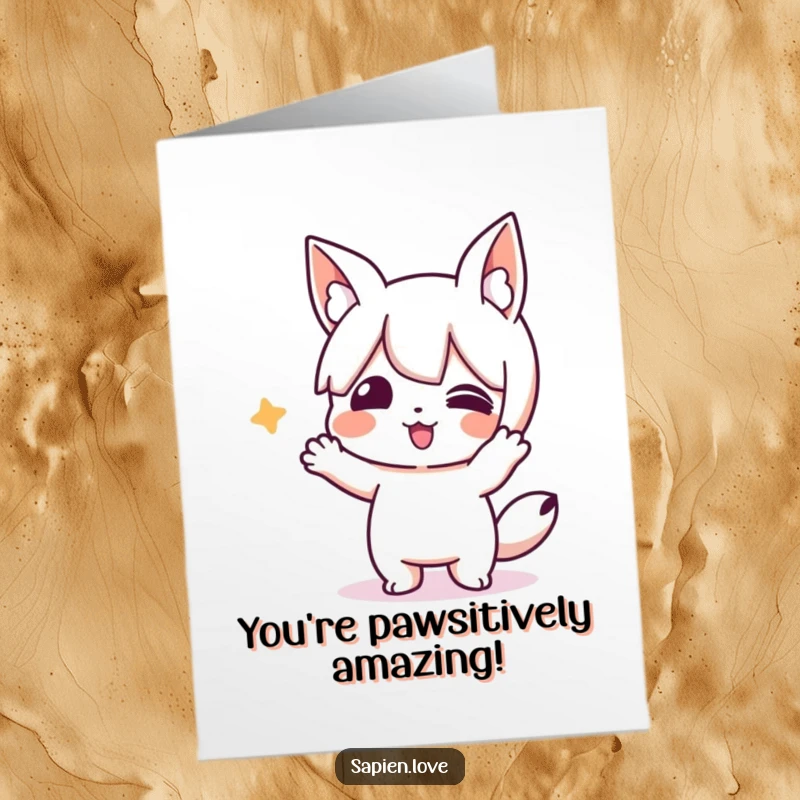 Funny Free Printable Congratulations Card: Character with animal ears doing a ridiculous, celebratory action.