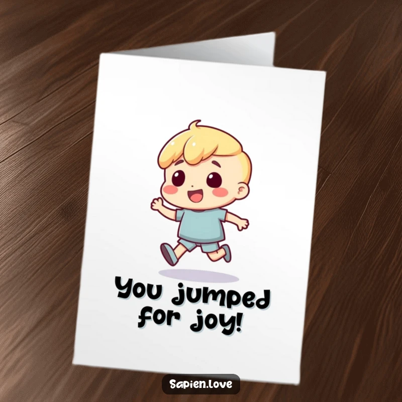 Funny Free Printable Congrats Card: Character shown mid-bounce with sheer excitement over a fantastic achievement.