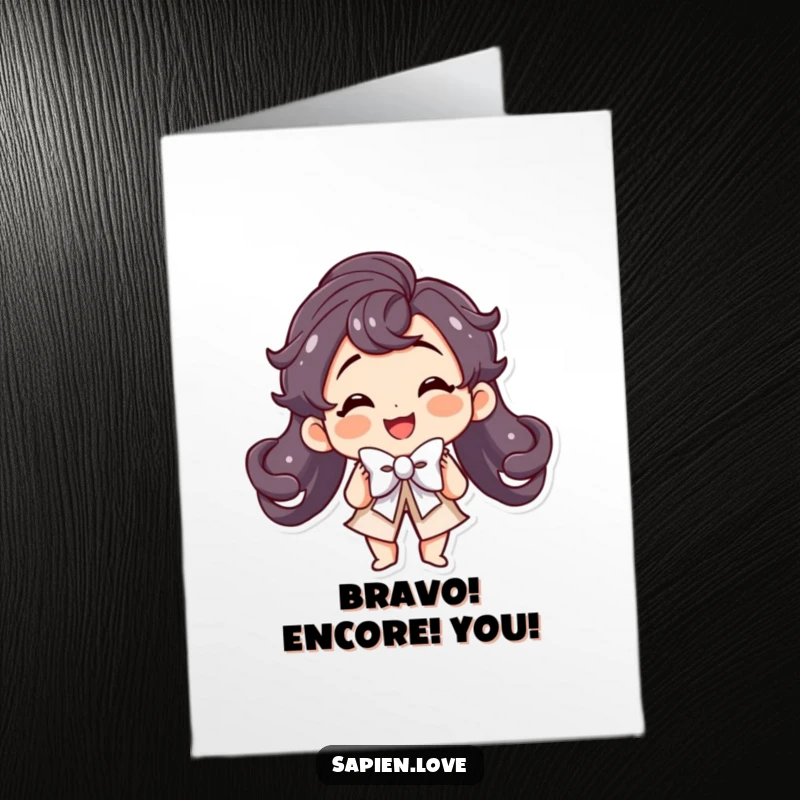 Funny free printable congratulations card featuring a sweet kawaii character performing an elegant theatrical bow with a celebratory flourish.