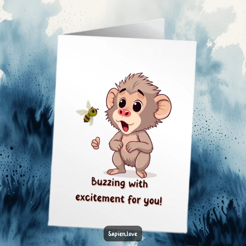 Funny Free Printable Congratulations Card: A kawaii baboon reacting with alarm to a buzzing insect, perfect for surprising news.