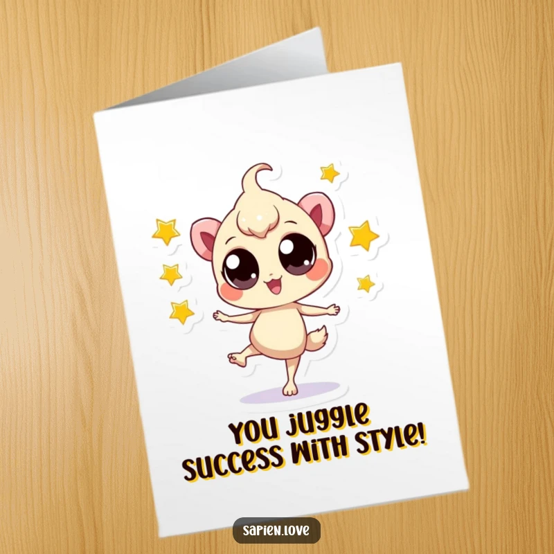 Funny Free Printable Congratulations Card: Bipedal creature with big eyes, balancing and juggling stars.