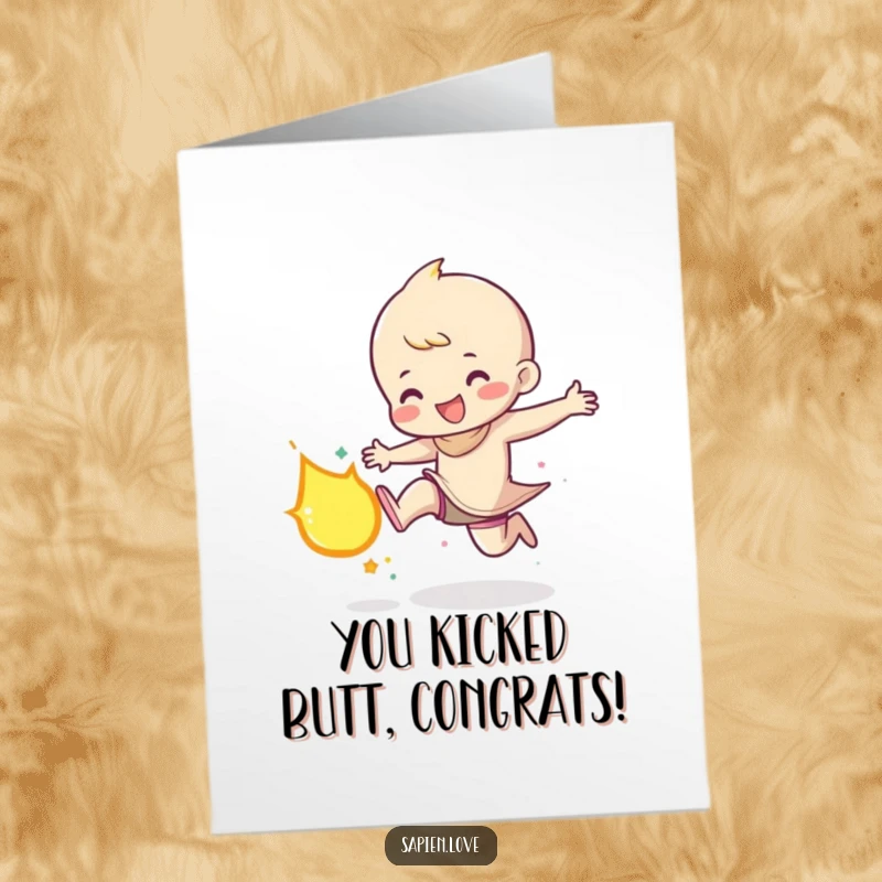 Funny free printable congratulations card depicting a character joyfully kicking a glowing meteor, symbolizing conquering challenges and achieving greatness.