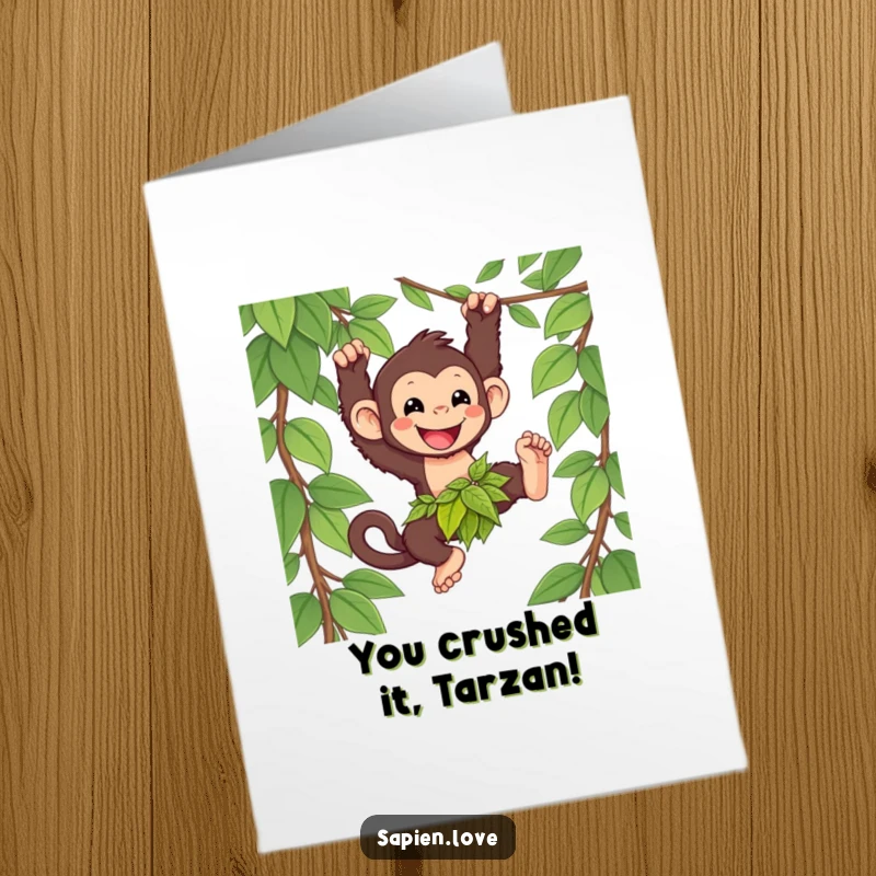 Funny Free Printable Congratulations Card: Cheerful kawaii primate swinging from a vine, ideal for exciting, jungle-themed DIY success.