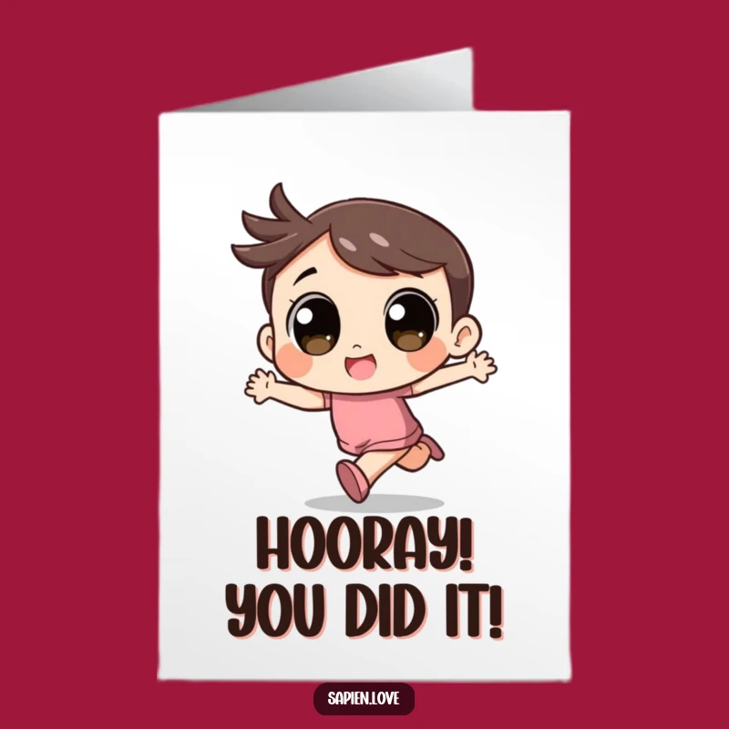 Free Printable Congrats Card: Kawaii Character Running Excitement Humor Downloadable