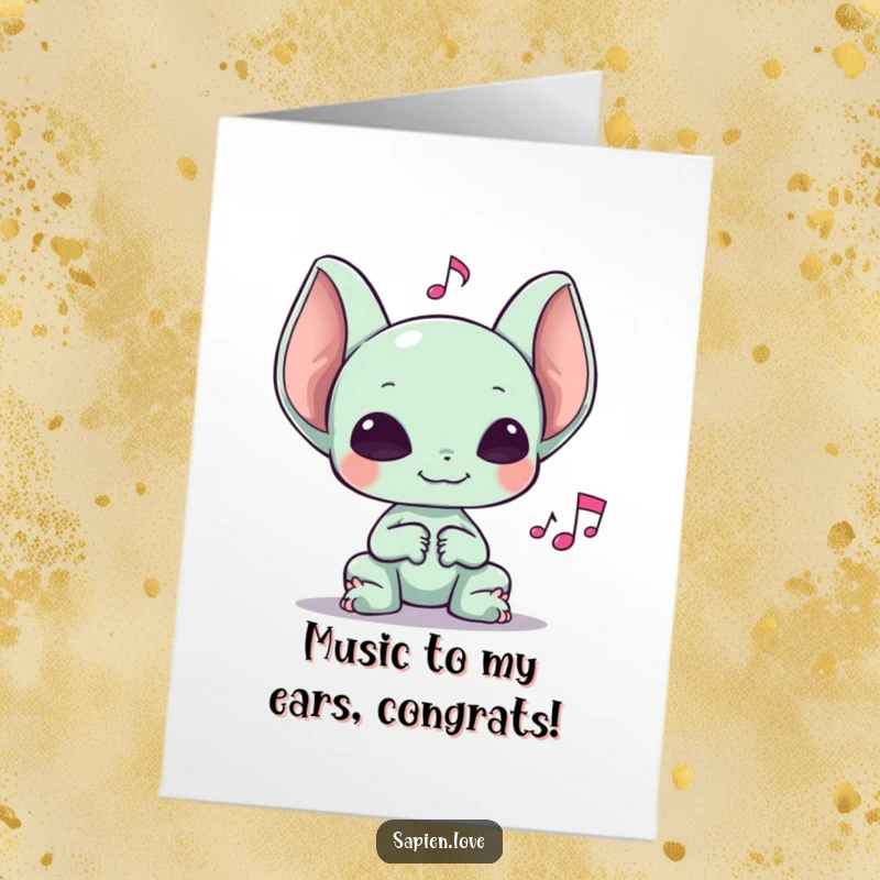 Funny Free Printable Congratulations Card: A big-eared alien enjoys listening to a musical note with pure happiness.