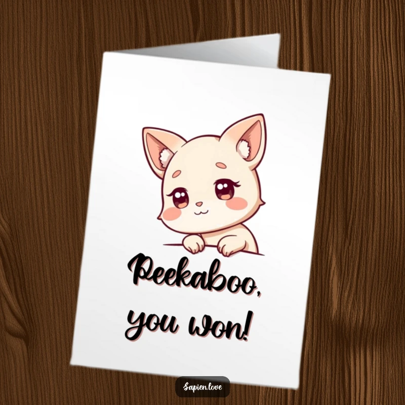 Funny Free Printable Congratulations Card: A character with animal ears cautiously peeks around a corner, showing excitement.