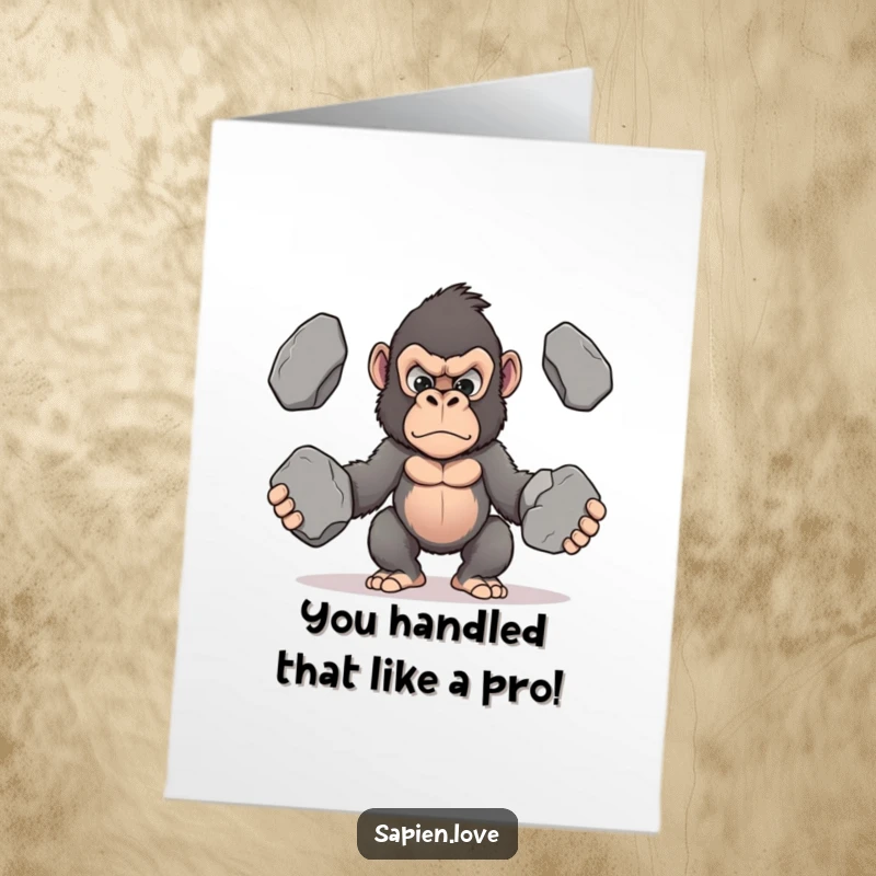 Funny Free Printable Congratulations Card: A kawaii gorilla determinedly juggling heavy stones, symbolizing a monumental achievement.