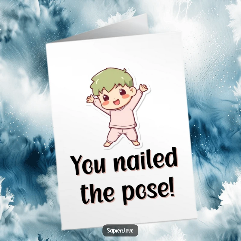 Kawaii Free Printable Congrats Card: Playful figure in a dynamic pose, celebrating a grand success.