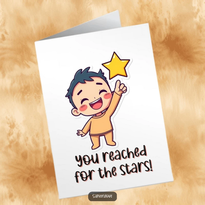 Kawaii Free Printable Congrats Card: Grinning character excitedly reaches for a shiny star, celebrating success.