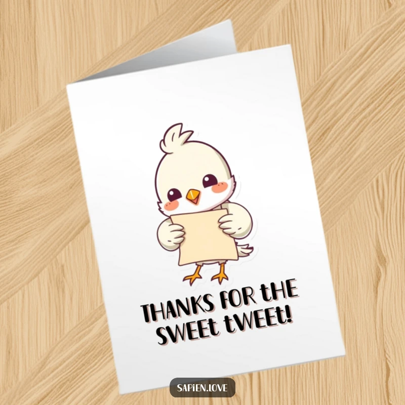 Funny free printable bird card with a cute bird presenting a scrolled parchment, conveying heartfelt thanks.