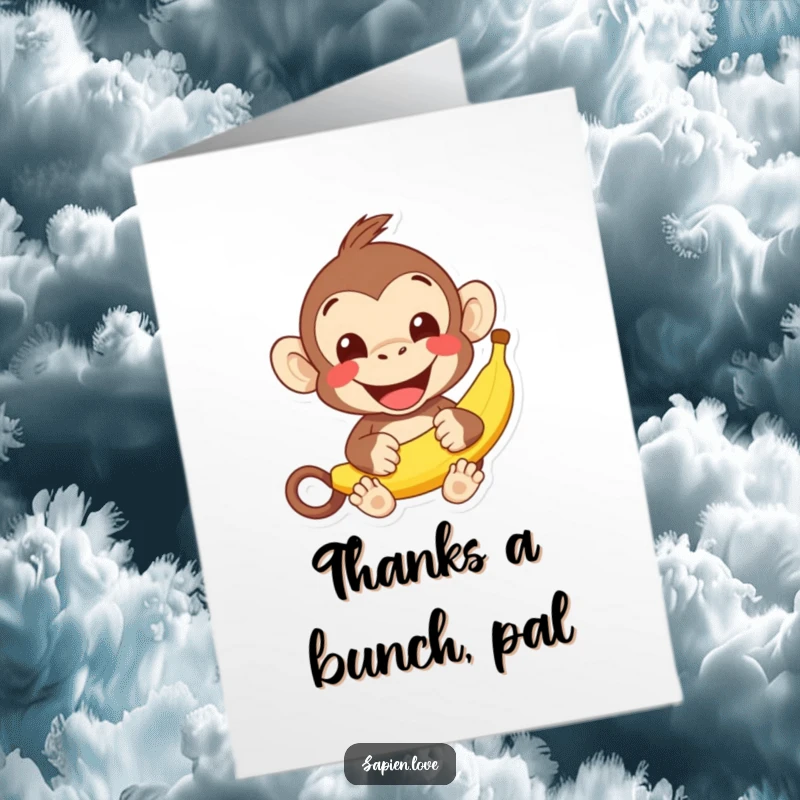 Funny Free Printable Thank You Card: Cheerful kawaii monkey with a wide grin offering a banana, perfect for a fun DIY thank you.