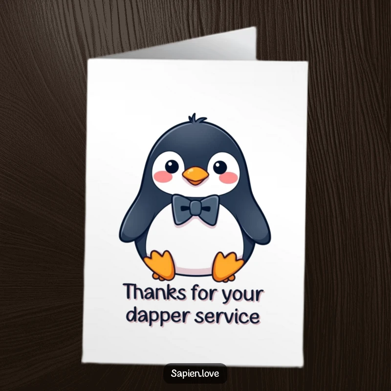 Funny Free Printable Thank You Card: Penguin in a tiny bowtie, offering sincere thanks with a hint of playful sophistication. A charming bird indeed.