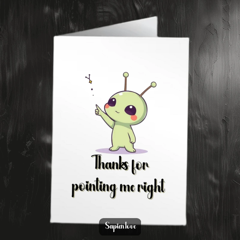 Funny Free Printable Thank You Card: An alien with expressive antennae points towards a faraway, twinkling constellation.