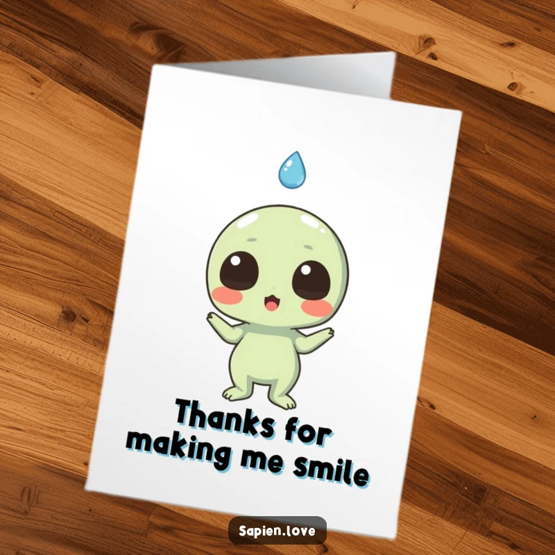 Funny Free Printable Thank You Card: An excited alien reacts with surprise to a happy, falling raindrop.